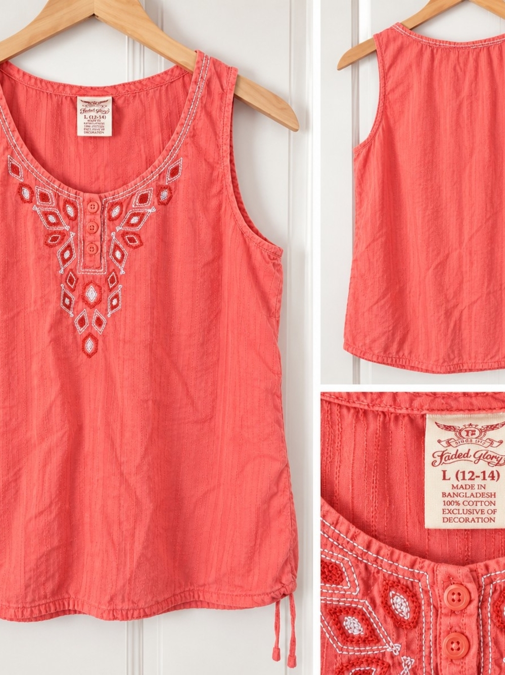 Faded Glory Coral Embroidered Scoop Neck Tank